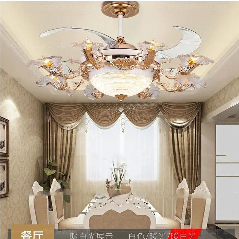 Afralia™ Golden Retro Ceiling Fan Light with Remote Control and 8 Lights