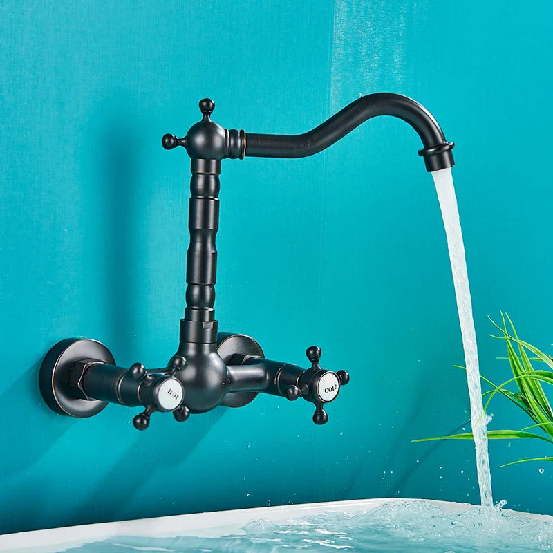Afralia™ Antique Brass Basin Faucet Wall Mounted Dual Handles Swivel Spout Mixer Tap
