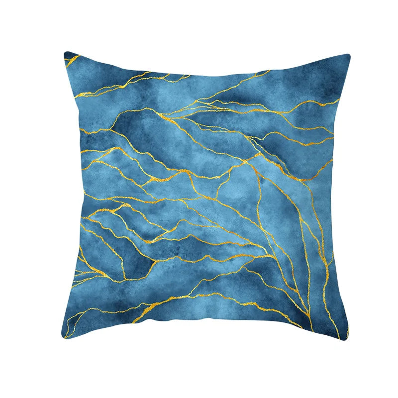 Afralia™ Blue Ink Gold Edge Geometric Cushion Cover - Polyester Throw Pillow Case