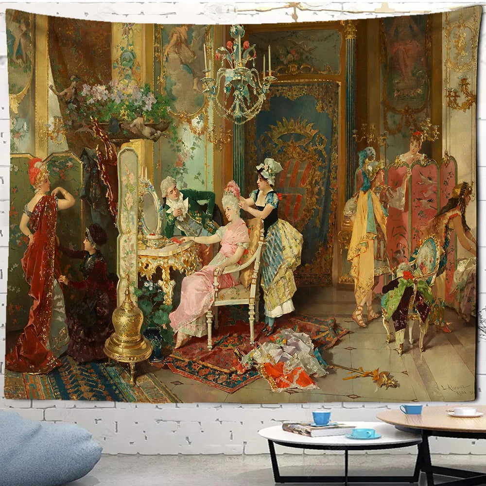 Afralia™ Court Woman Gothic Architecture Tapestry Wall Art with Rose Scenery & Pigeons