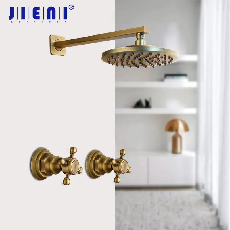 Afralia™ Antique Brass Round Wall Mounted Rainfall Shower Faucet Set with 2 Handles