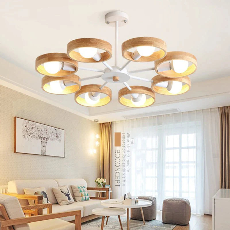 Afralia™ Round Wooden Chandelier with Black Lampshade for Living Room & Dining Room