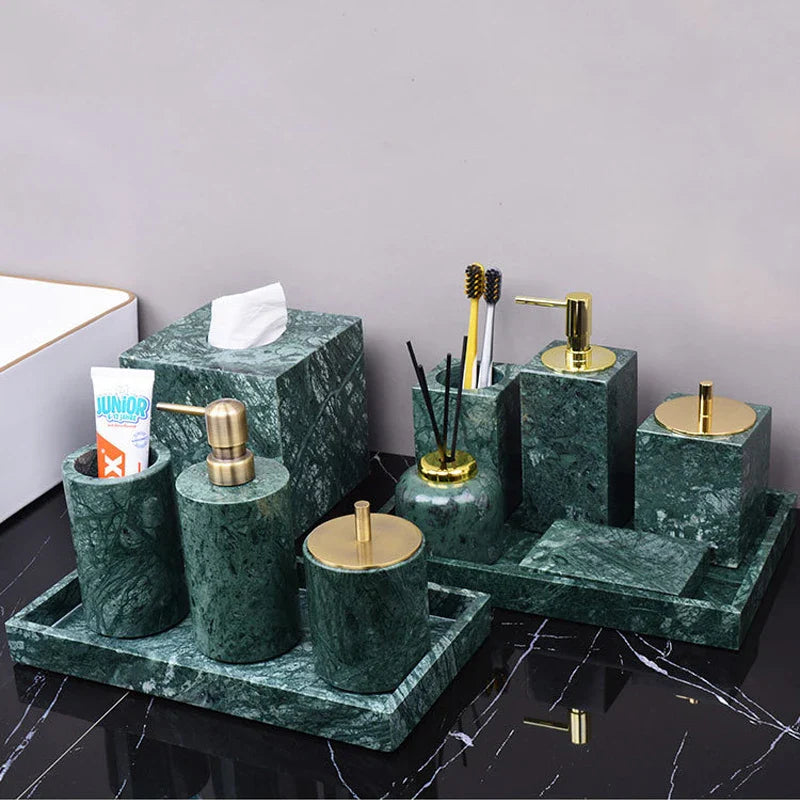 Afralia™ Dark Green Marble Bathroom Set - Nordic Light Luxury Tray Toothbrush Holder Soap Dispenser Kit