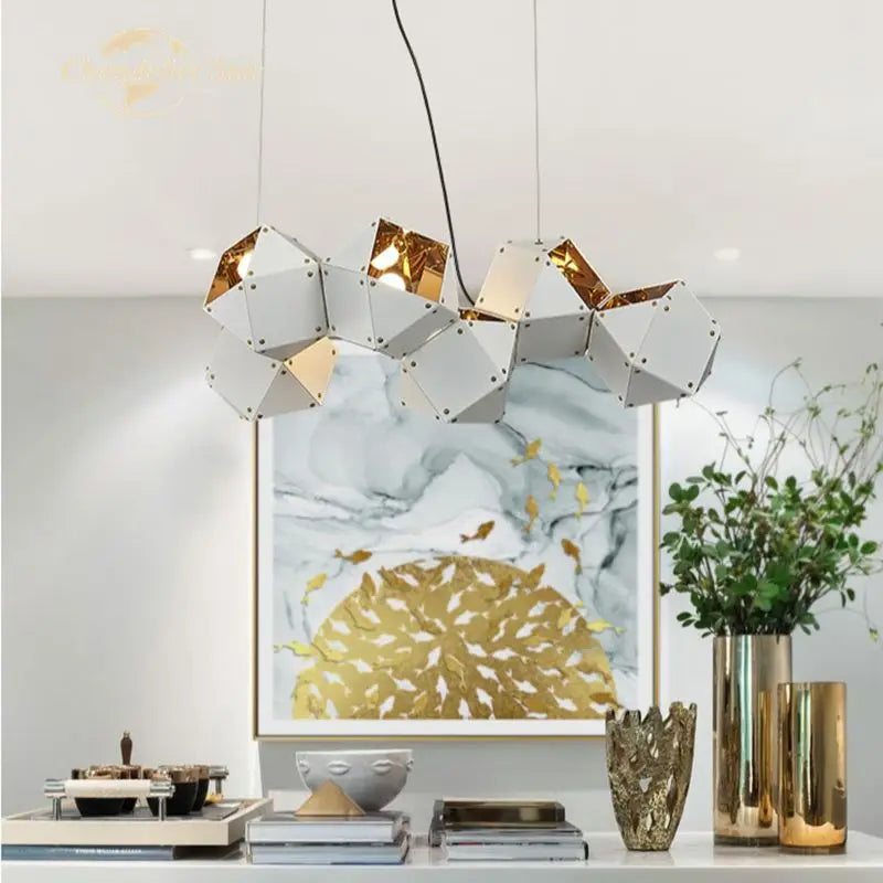 Afralia™ White Metal Geometric LED Chandelier for Bedroom and Living Room
