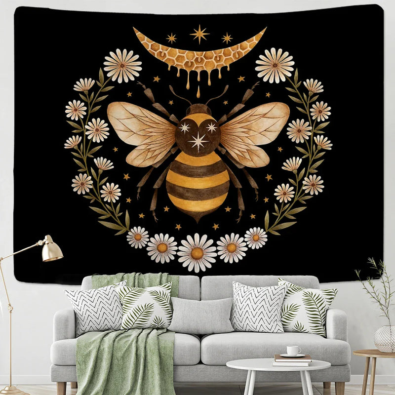 Afralia™ Psychedelic Bee Tapestry Wall Daisy Flower Home Decor for Bohemian Hippie Vibes