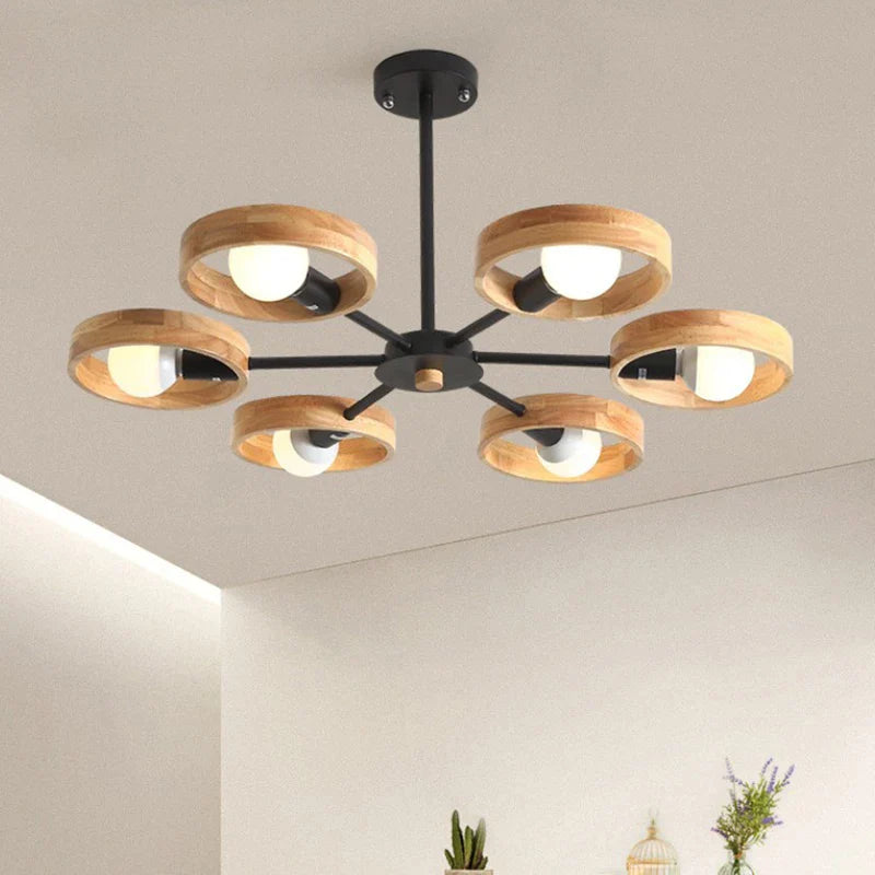 Afralia™ Round Wooden Chandelier with Black Lampshade for Living Room & Dining Room