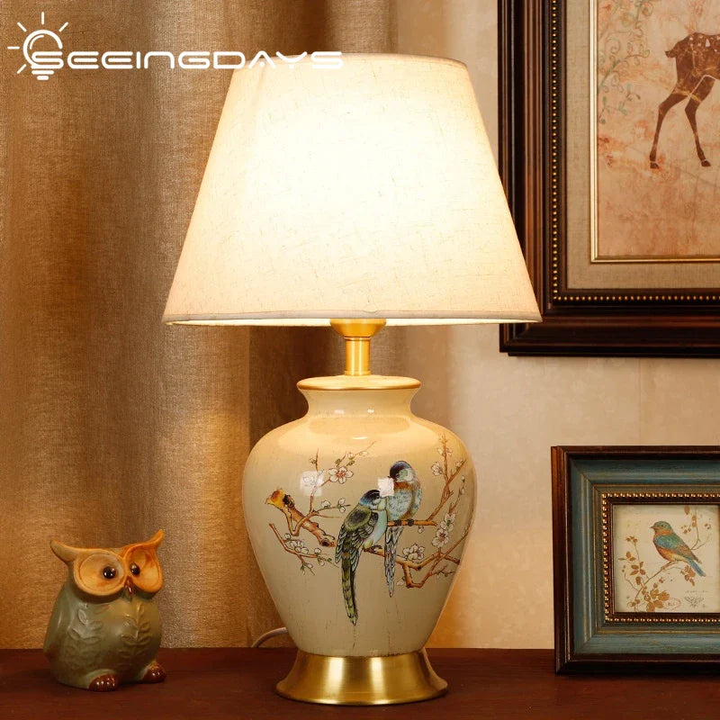 Afralia™ Vintage Flower Bird Ceramic Table Lamp - Chinese Style Home Decor