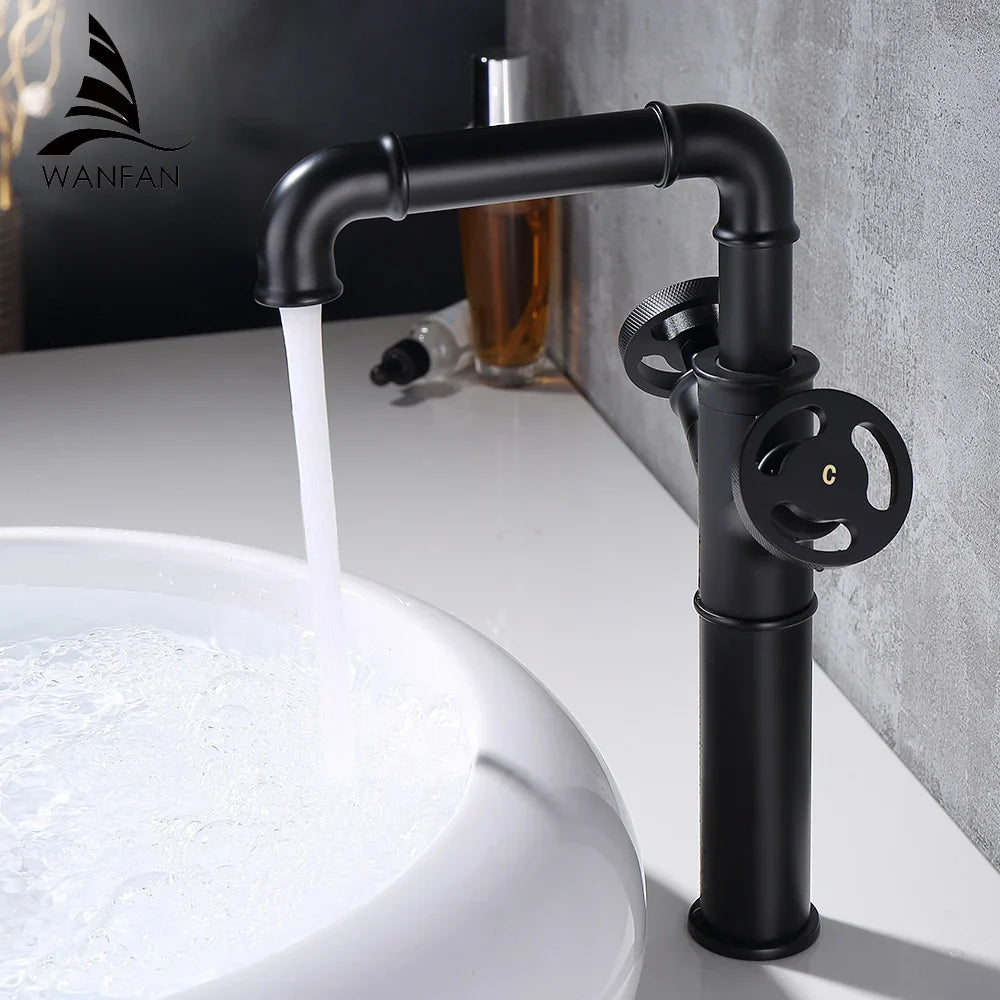 Afralia™ Matte Black Brass Bathroom Faucet Dual Handles Retro Industrial Style