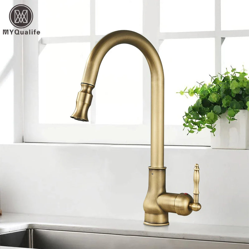 Afralia™ Antique Brass Kitchen Faucet Swivel Spout Pull Down Hot Cold Mixer