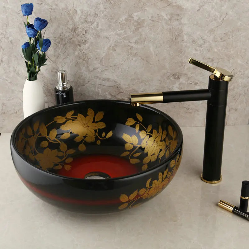 Afralia™ Black Ceramic Hand-Painted Washbasin with Swivel Brass Faucet