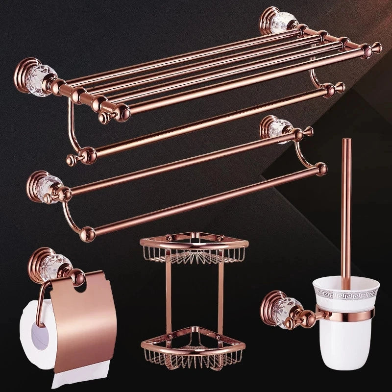 Afralia™ Rose Gold Bathroom Accessories Set: Towel Rack, Paper Holder, Toilet Brush Holder, Hooks
