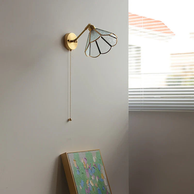 Afralia™ Green Glass LED Wall Lights with Pull Chain Switch, Copper Finish