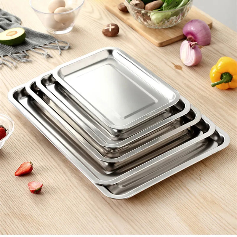 Afralia™ Stainless Steel BBQ Trays Dessert Baking Pan Kitchen Organizer Dish