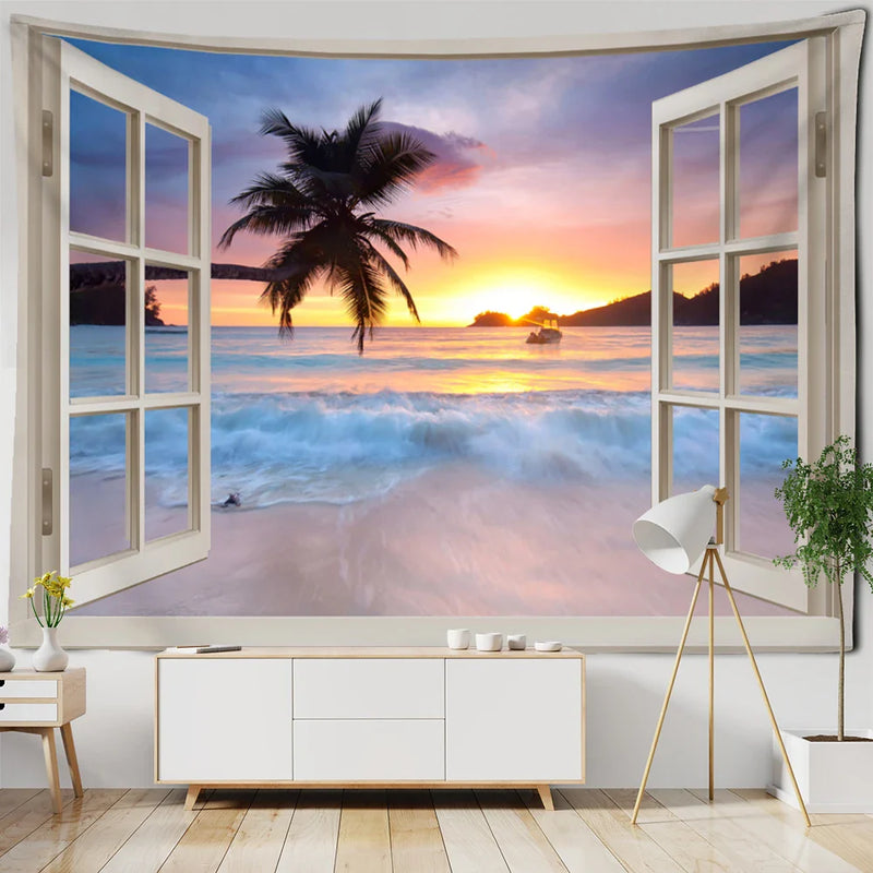 Afralia™ Sunset Coconut Tree Seaside Tapestry: Bohemian Room Decor & Aesthetics