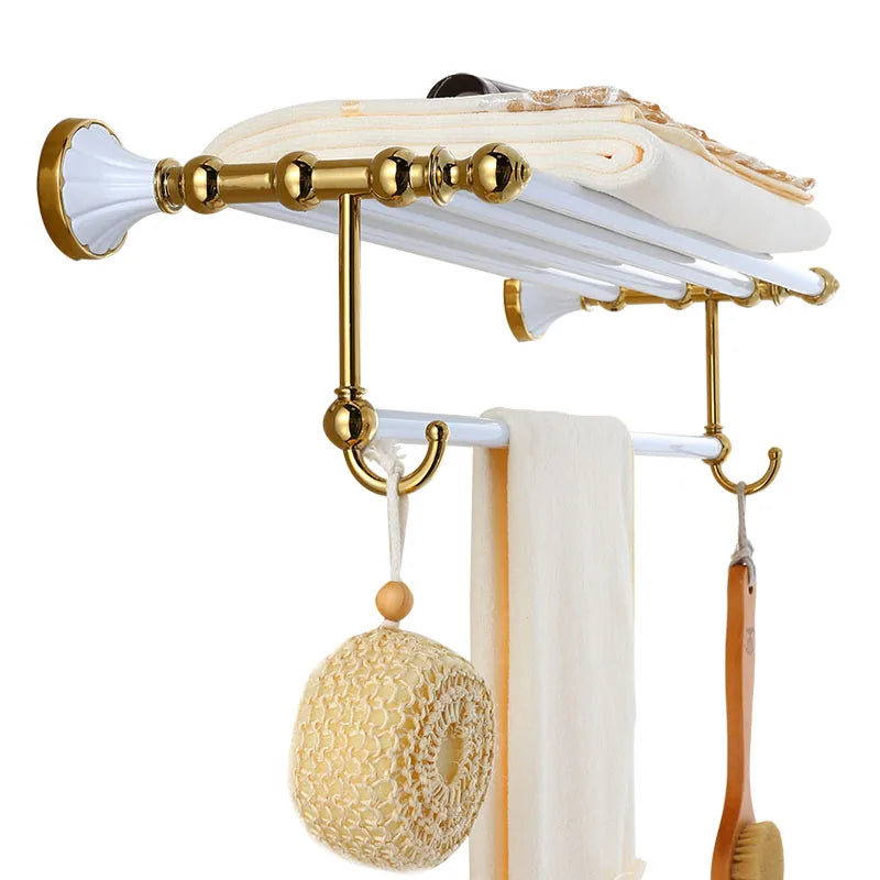 Afralia™ Gold & White Bathroom Accessories Set: Corner Shelf, Paper Holder, Towel Holder, Toilet Brush Holder, Towel Rack