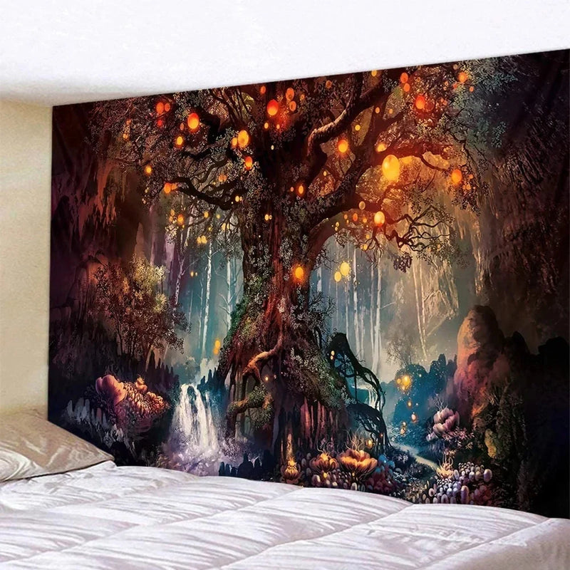 Afralia™ Psychedelic Trees Tapestry Wishing Lantern Trees Wall Hanging Wall Carpet Bed Sheet