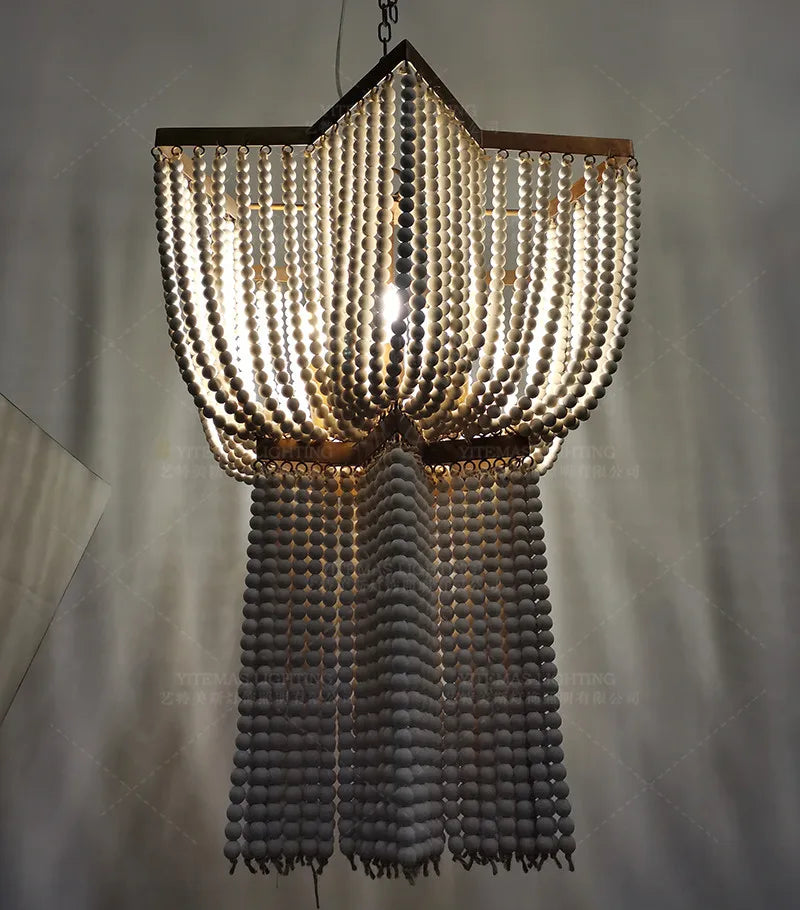 Afralia™ Wood Beaded Chandelier Fringe Lighting Vintage Nordic Antique Large Kitchen Farmhouse