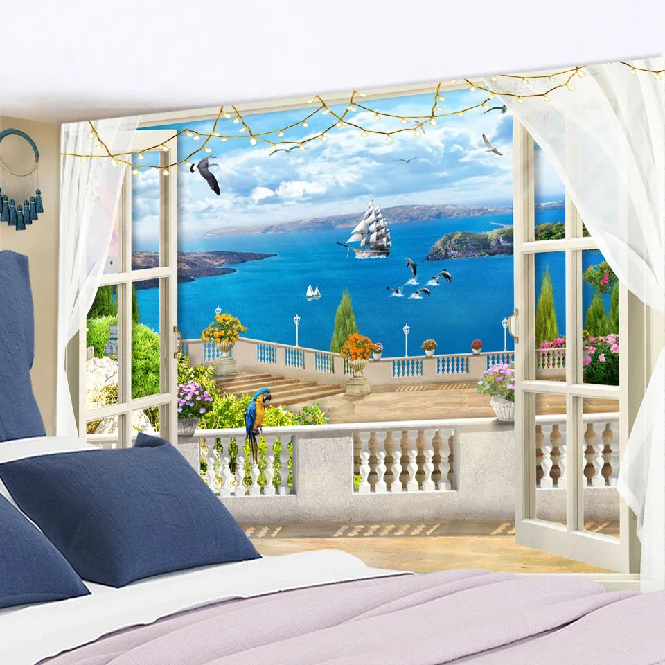 Afralia™ Window Landscape Tapestry Wall Hanging: Bohemian Scenery Hippie Decor