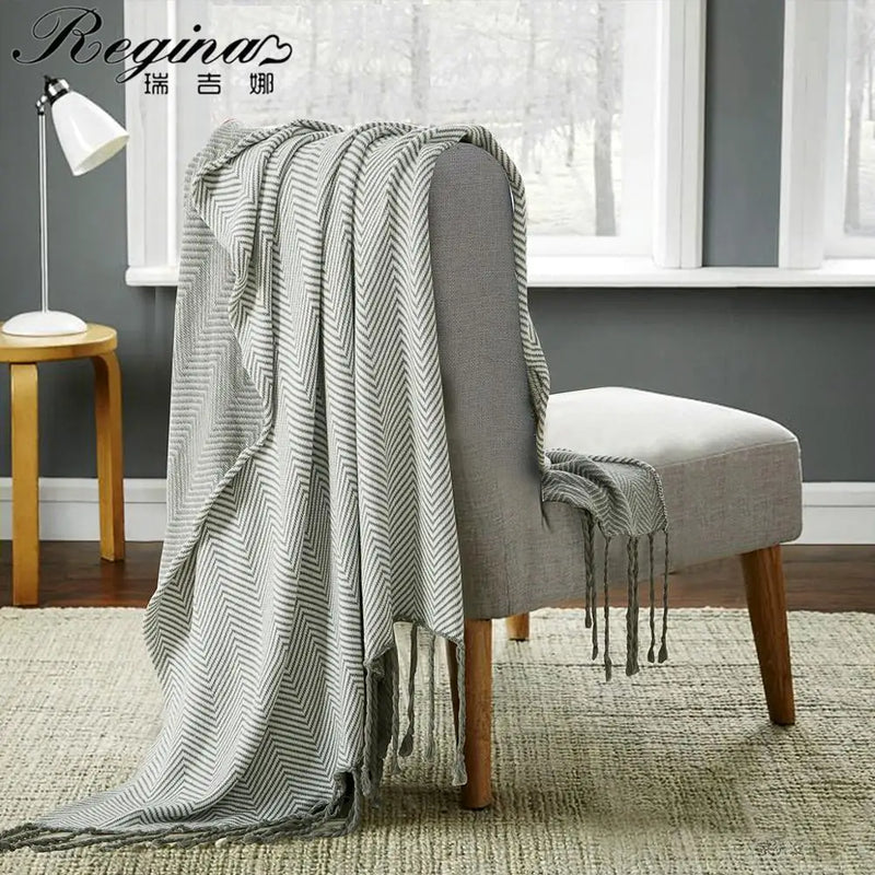 Afralia™ Stripe Knit Throw Blanket with Fringes - Brown Gray Cotton Sofa Bed TV Travel Blanket