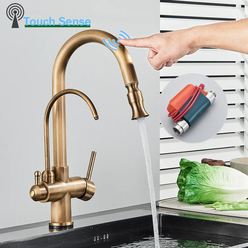 Afralia™ Antique Brass Kitchen Faucet with Touch Sensor and Swivel Sprayer Tap