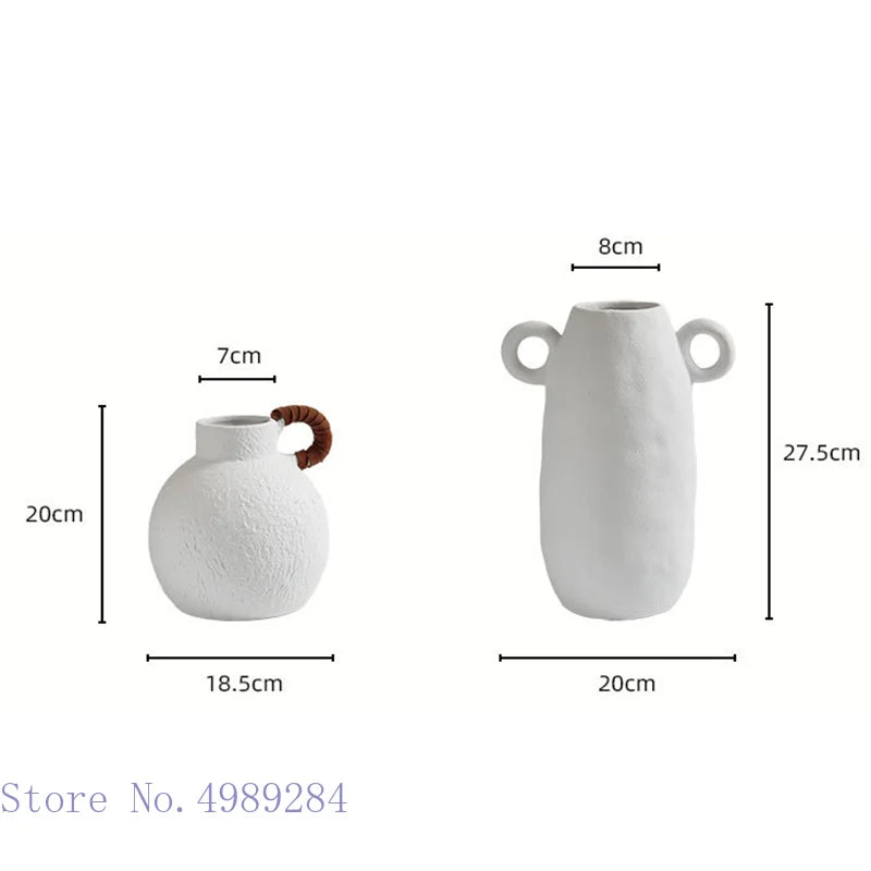 Afralia™ Retro Continental White Ceramic Flower Vase - Handle Ornament Rough Surface