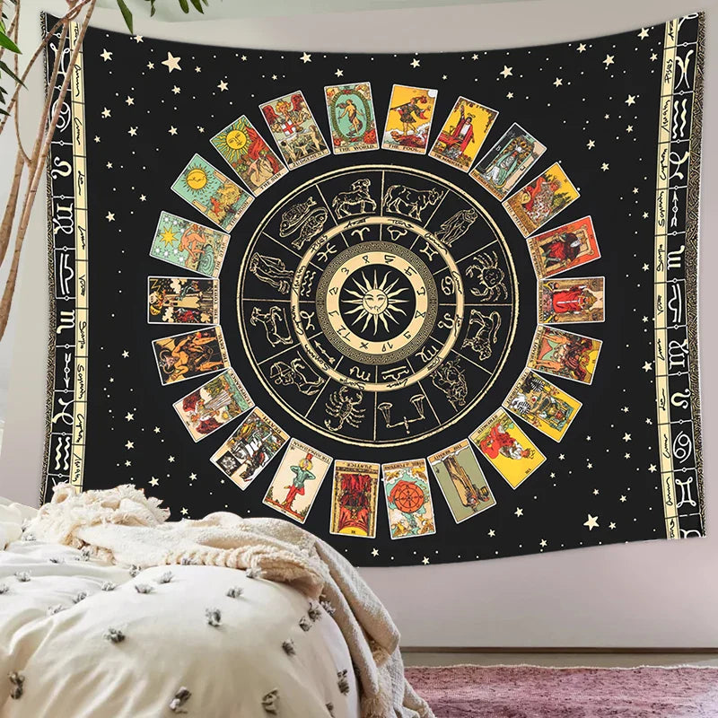 Afralia™ Tarot Card Tapestry: Zodiac Wheel & Major Arcana Sun Moon Wall Hanging