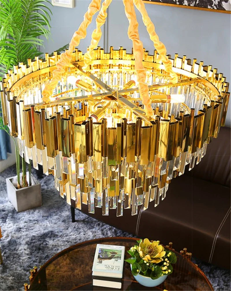 Afralia™ Golden Stainless Steel K9 Crystal Chandelier for Elegant Dining Room Lighting