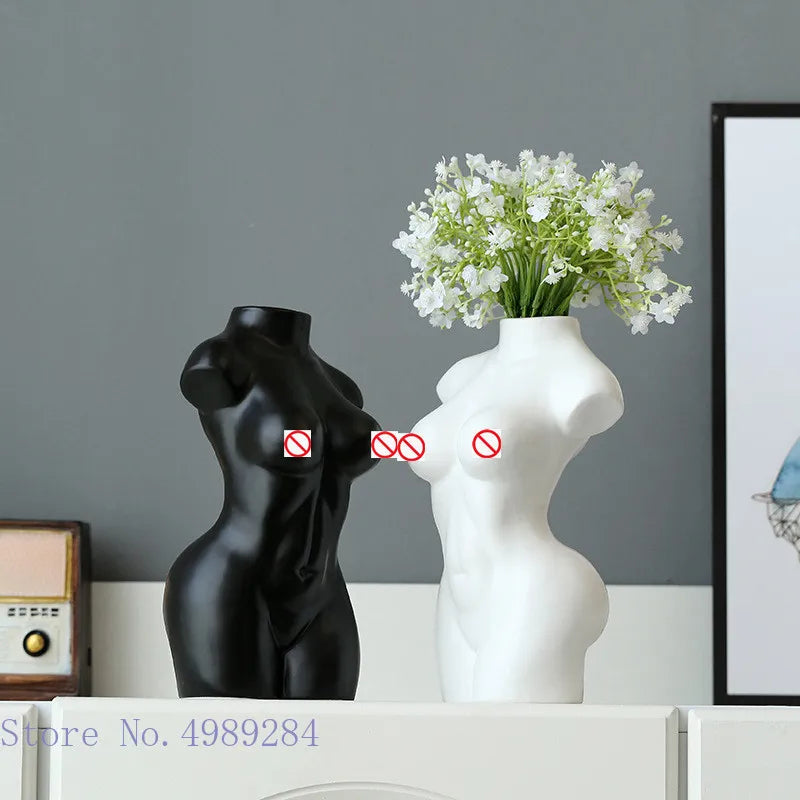 Afralia™ Abstract Nude Female Ceramic Vase Black White Home Decor Ornament