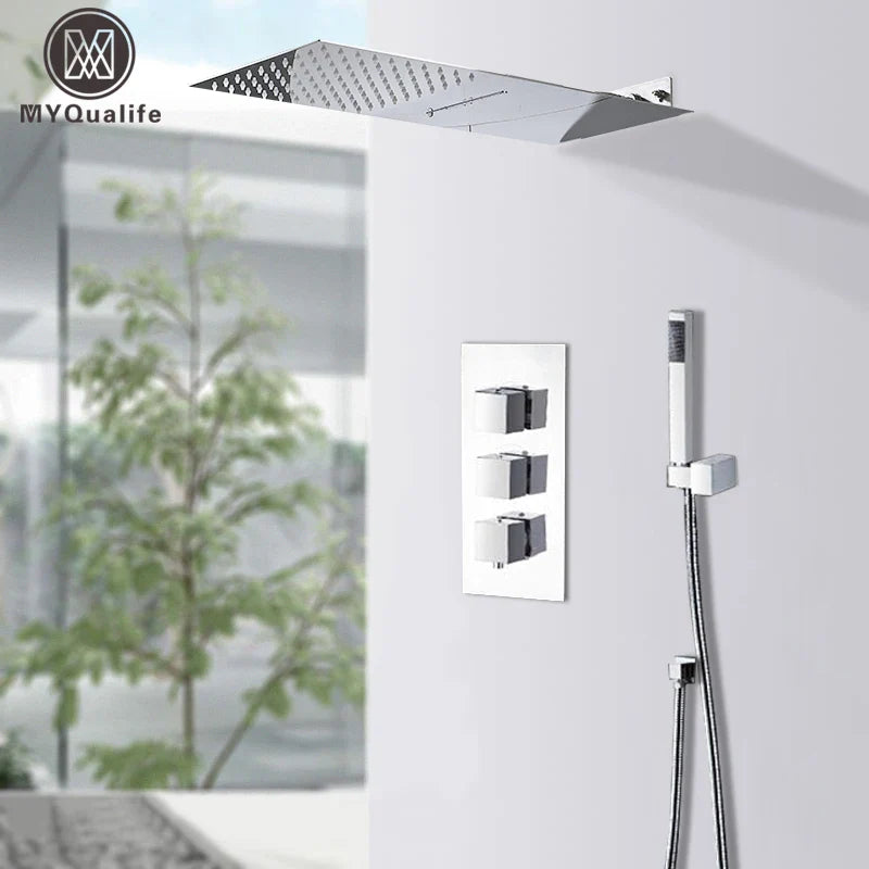 Afralia™ Rain Waterfall Shower Set Thermostatic Mixer, Brass Body, Modern Bath Mixer Tap