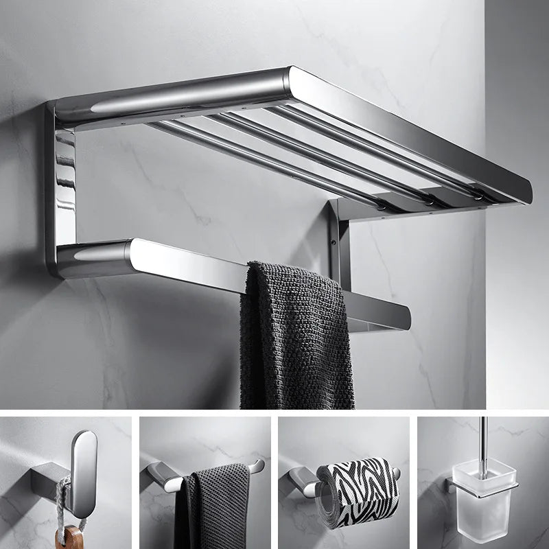 Afralia™ Chrome Bathroom Accessories Set for Towels, Paper, Brush, Hanger, Hook & Shelf