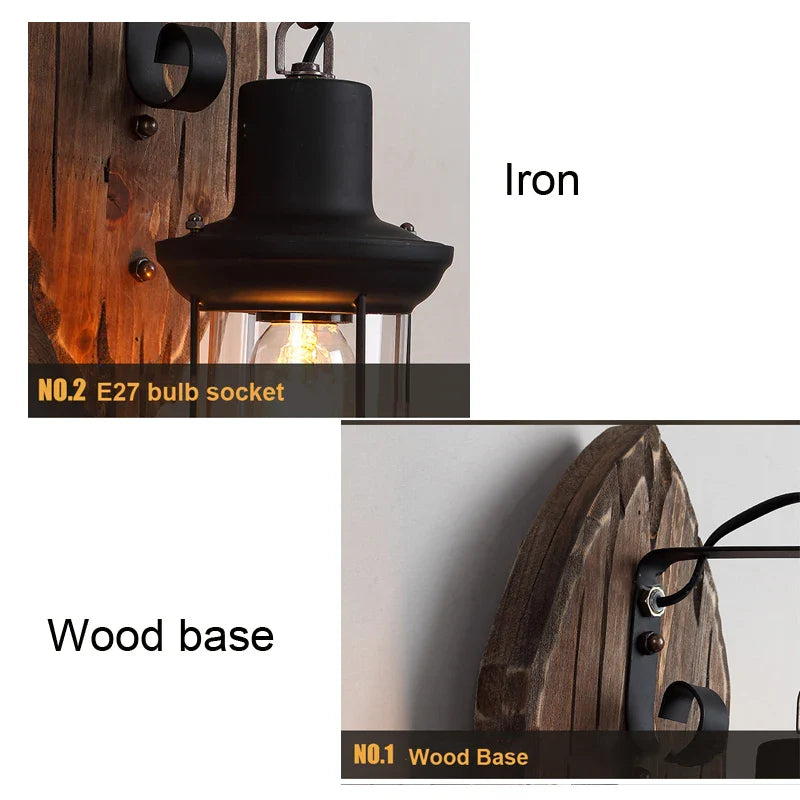 Afralia™ Vintage Wood Glass Wall Light for Restaurant Cafe Bar Bedroom Home