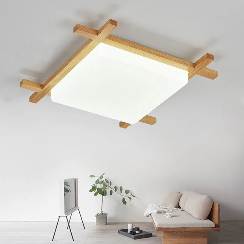 Afralia™ Japanese Wood Ceiling Light Tatami Lamp Flush Mount Living Room Bedroom Square