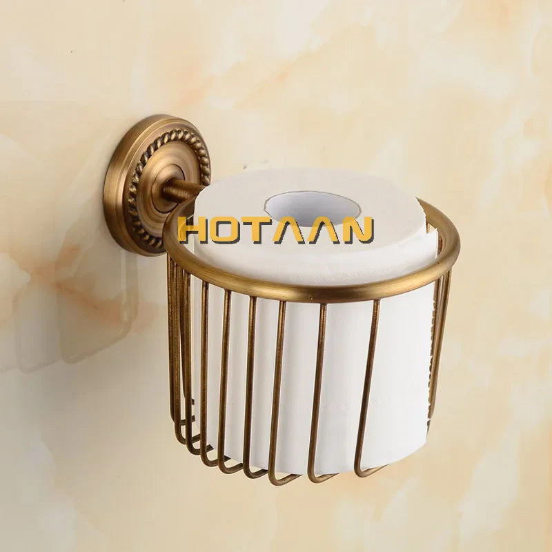 Afralia™ Brass Bathroom Set: Robe Hook, Paper Holder, Towel Bar, Soap Basket.