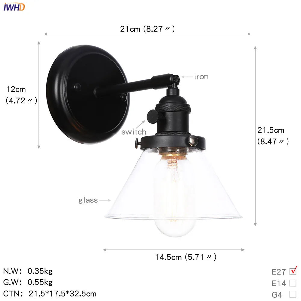 Afralia™ Loft Glass Ball Wall Light Switch Black Wall Sconces - Industrial Decor