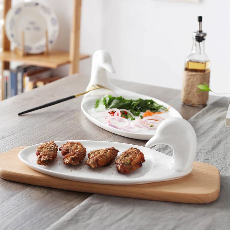 Afralia™ White Duck Ceramic Plates Set for Serving, Dining & Decoration