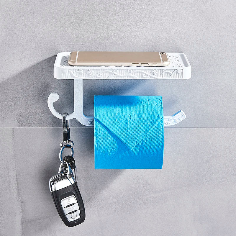 Afralia™ Black Toilet Paper Holder with Phone Rack: Wall-Mounted Aluminum Bathroom Storage