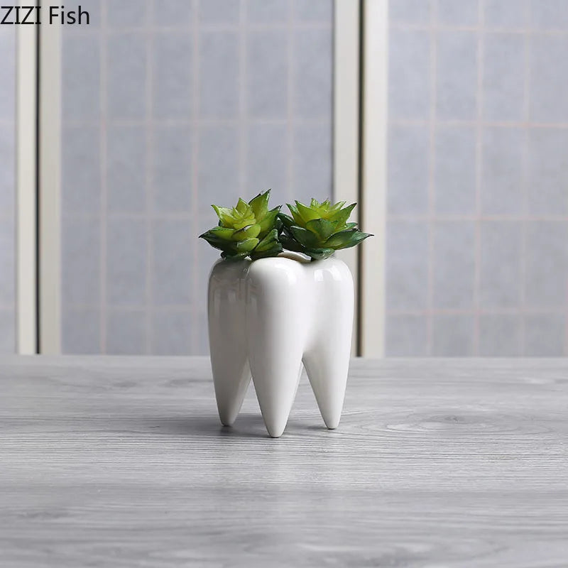 Afralia™ Ceramic Tooth Flowerpot: Cute Cartoon Handicraft Decoration Home Accessory