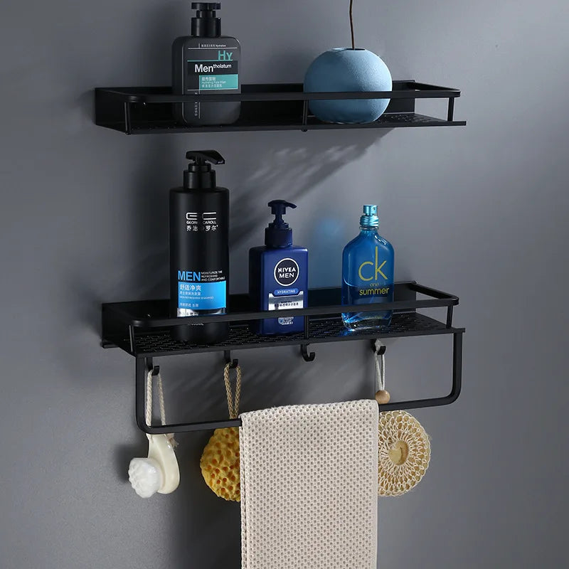 Afralia™ Black Aluminum Bathroom Shelf with Towel Bar Wall Mounted - Bath Shower Shampoo Holder