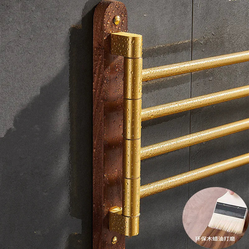 Afralia™ Brushed Gold Wood Swivel Towel Hanger Wall Mounted Folding Bathroom Towel Bar