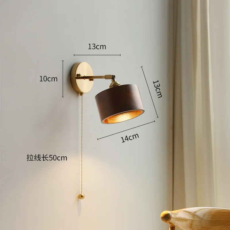 Afralia™ Wood Wall Light Pull Chain Switch LED Sconce for Bedroom Bathroom Mirror