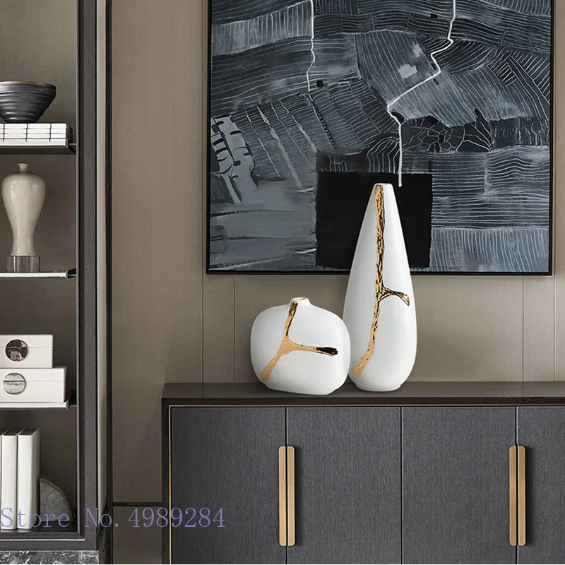 Afralia™ White Ceramic Vase with Golden Branches Flower Arrangement for Modern Home Decor