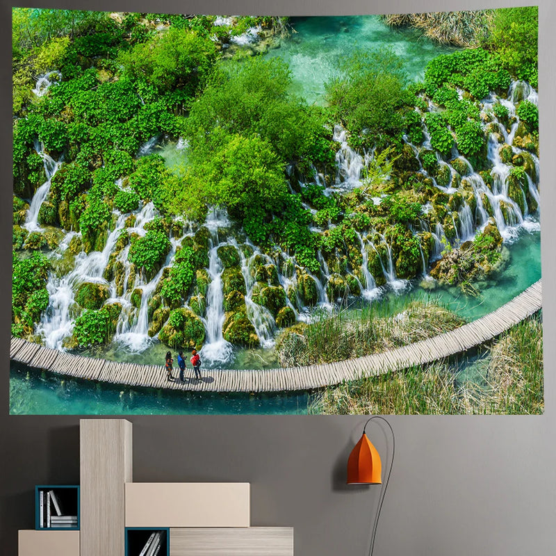 Afralia™ Forest Waterfall Art Tapestry: Boho Hippie Decor Yoga Mat Sofa Blanket