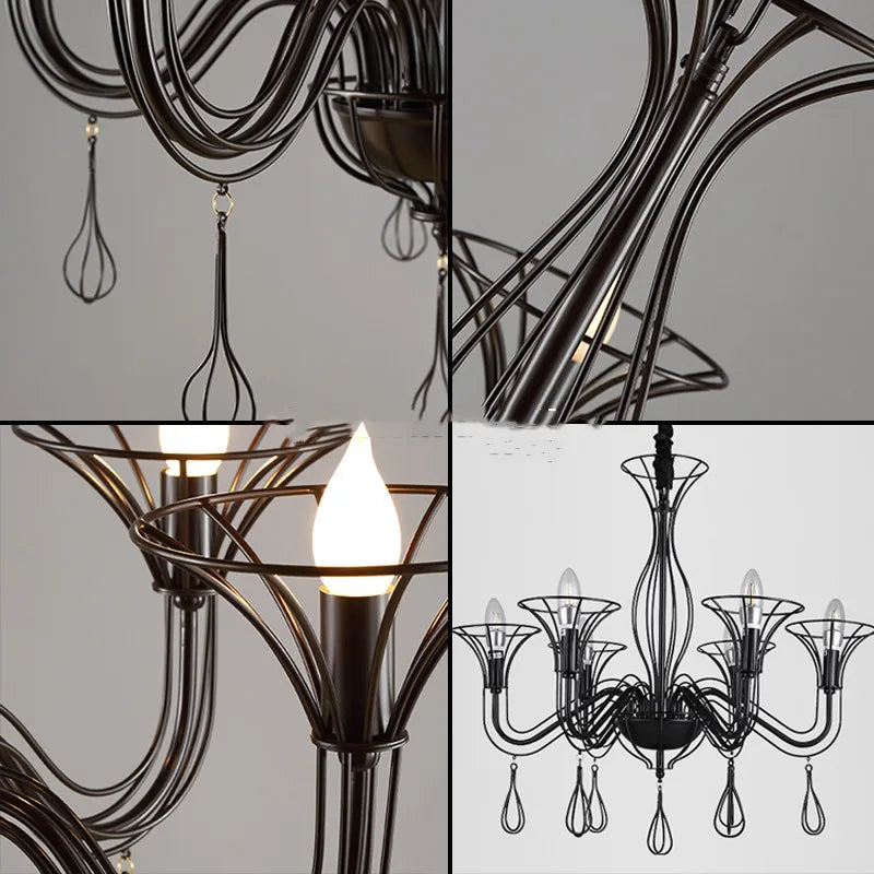 Afralia™ Black Wrought Iron Chandelier LED Candle Frame Chandelier for Foyer, Living & Dining Room