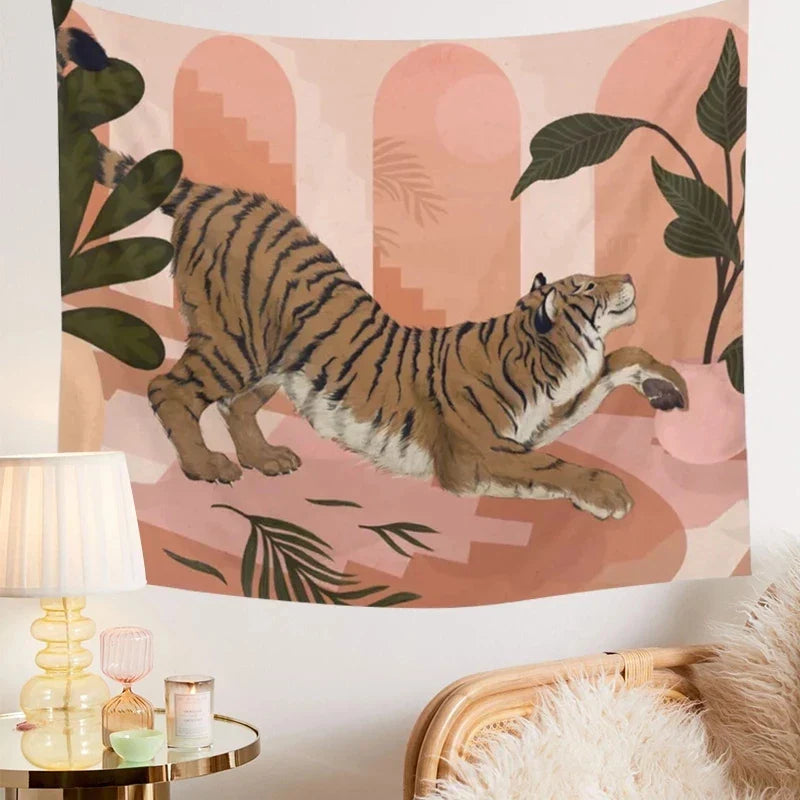 Afralia™ Pink Tiger Tapestry Wall Hanging Dorm Room Decor Jungle Animal Boho Wall Cloth