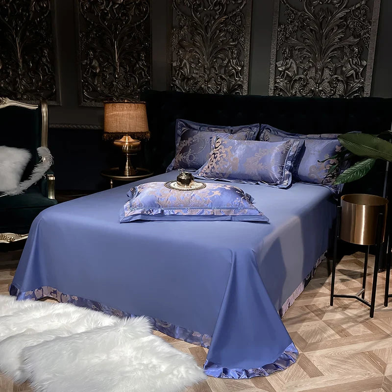 Afralia™ Luxury Soft Satin Jacquard Cotton Bedding Set in Blue/Gold/Gray, Queen/King Sizes
