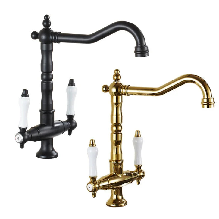 Afralia™ Black Gold Brass Kitchen Sink Faucet with Double Handles