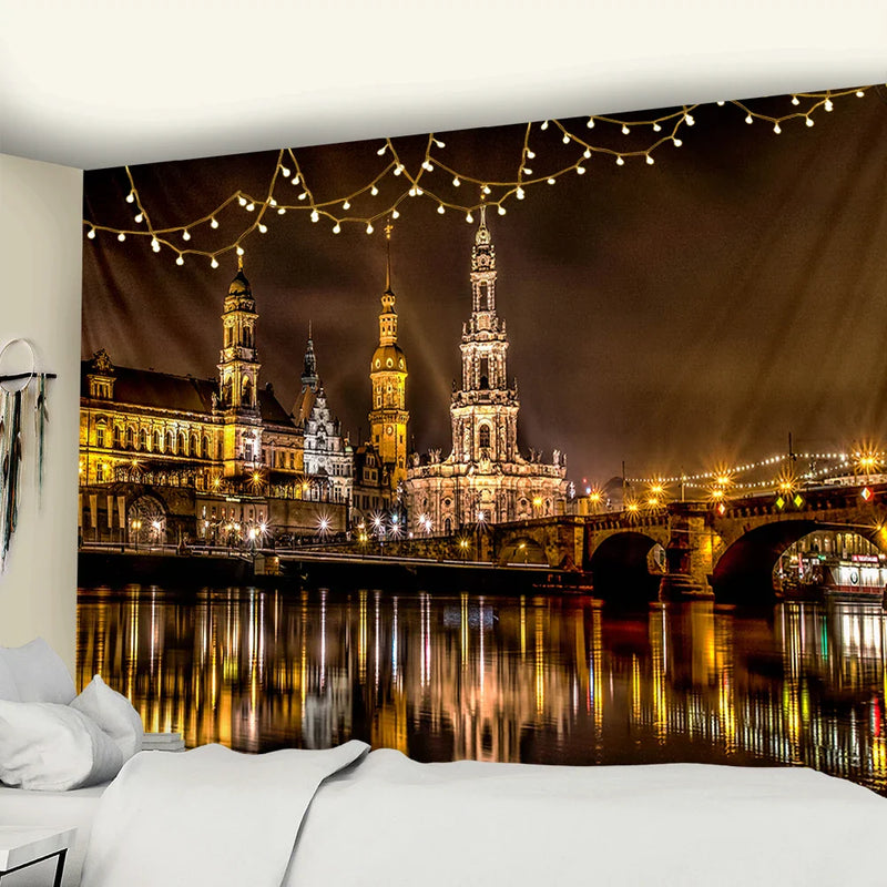 Afralia™ City Night Scene Tapestry with European London Style Wall Hanging