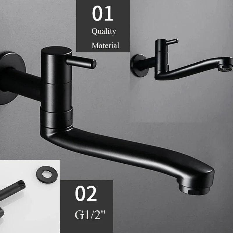 Afralia™ Black Stainless Steel Swivel Kitchen Faucet 360 Degree Rotation Wall Mounted