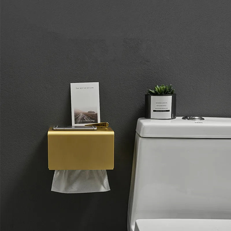 Afralia™ Aluminum Brushed Gold Toilet Paper Holder Rack Tissue Box - Bathroom Roll Storage