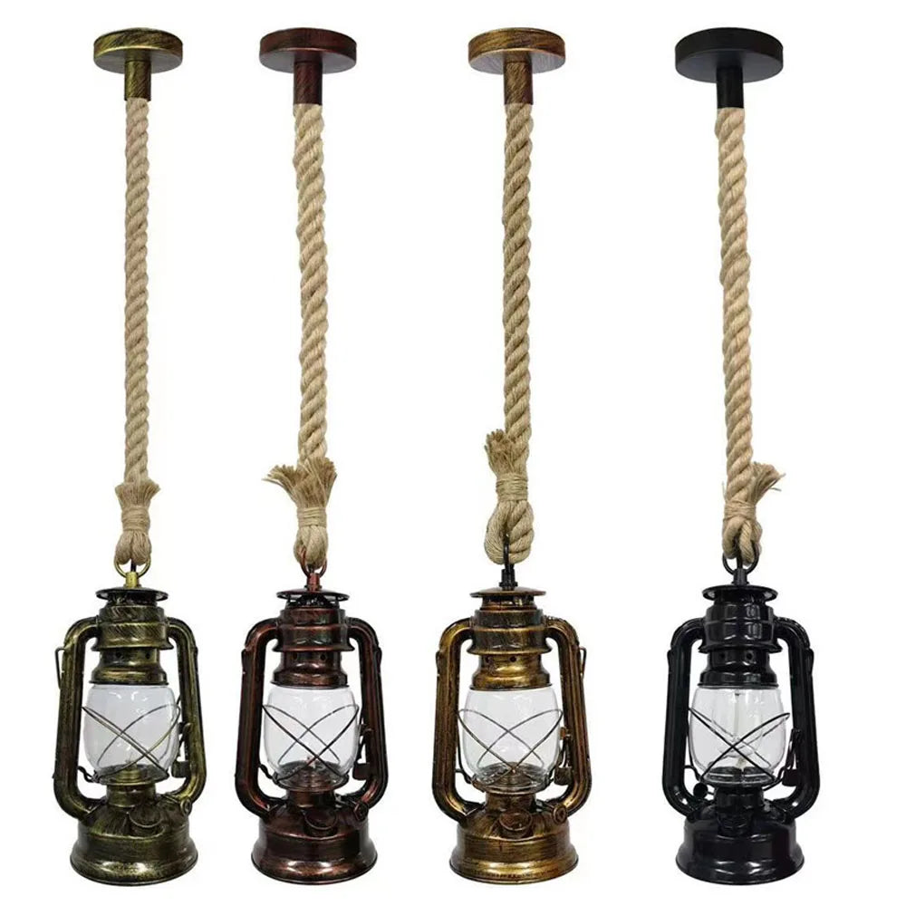 Afralia™ Retro Industrial Hemp Rope Kerosene Pendant Chandelier LED Ceiling Lamp